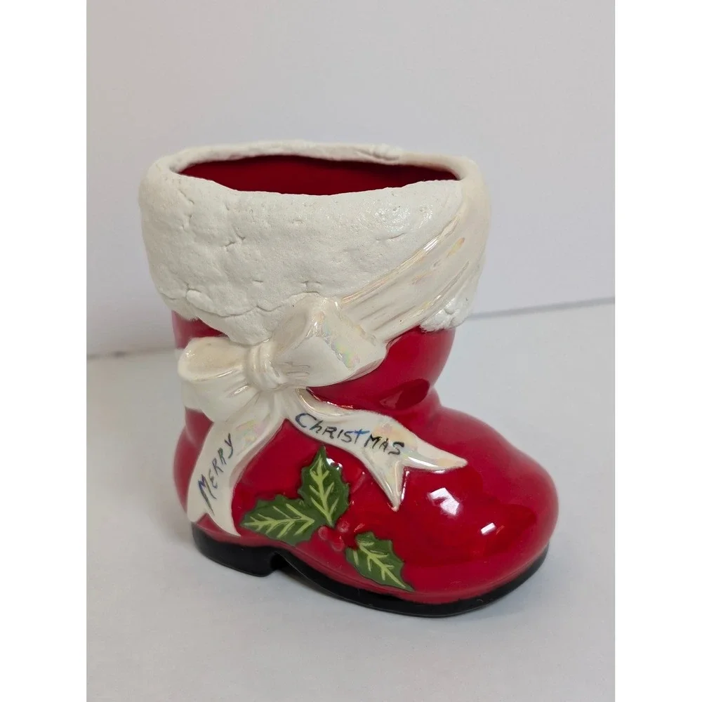 Vintage Ceramic Santa Boot Planter/Holder Merry Christmas Holly Iridescent Bow